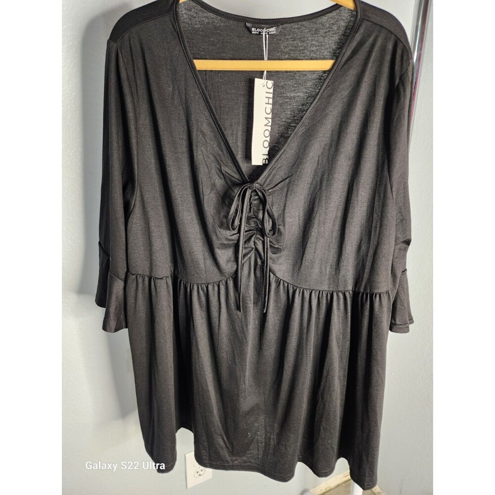 Bloomchic Ruched Bell Sleeve Blouse, Size 22-24 or 3X, V-neck Neckline